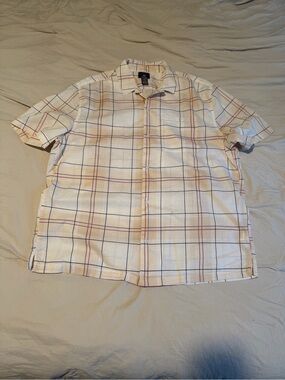 J. Crew White Short-Sleeve Plaid Button-Down Shirt with Tan and Navy Lines